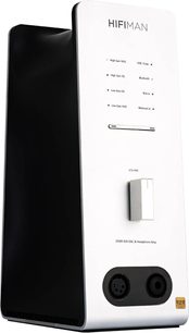 Højkvalitets hovedtelefonforstærker Hifiman EF600, set fra trekvart vinkel, hvid front, centralt volumenknap, stikforbindelser nederst