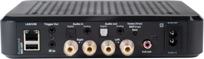 Hi-fi stereo zesilovač Russound MBX-AMP černý, zadní strana, analogové a digitální audio konektory, USB a LAN porty