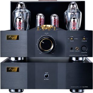 Cayin Soul 170HA integrert stereo rørforsterker i børstet svart aluminium, sett forfra med to stablede chassis, fire glassrør på toppen, stor gullinnrammet volumknapp i midten og hodetelefonkontakter til høyre