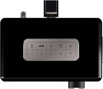 Sort bordradio med LCD-skærm, 5 sølvfarvede trykknapper FM, DAB, Bluetooth, AUX, lys og fronthøjttaler