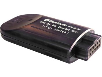 Compact black Bluetooth wireless transmitter, three-quarter view, with rectangular connector and white marking