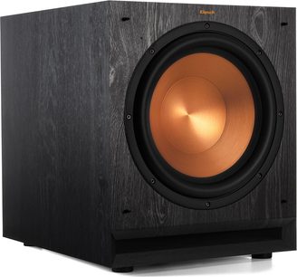 Subwoofer Klipsch SPL-120, vista angolare, cabinet nero testurizzato, altoparlante circolare in rame al centro, bordo nero opaco