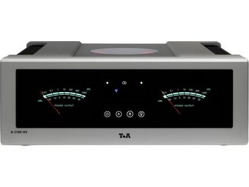 Hi-Fi-Leistungsverstärker T+A A 3100 HV in Silber, mit schwarzer Front und zwei analogen VU-Metern, Vorderansicht