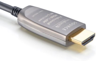 Cavo HDMI Inakustik ottico 2.1 pro 1m, connettore metallico argentato, guaina grigia, vista dall'alto e laterale