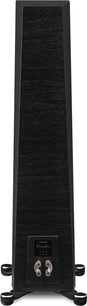 Diffusore da pavimento Paradigm Founder 80F in legno nero, vista frontale. Cassa rettangolare verticale nera con griglia nera e terminali di connessione argentati in basso
