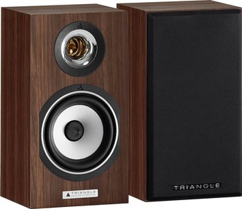 Regálová reprosoustava Triangle Heyda série EZ ořech, pohled zepředu a z boku, viditelný tweeter a woofer, tmavé dřevo