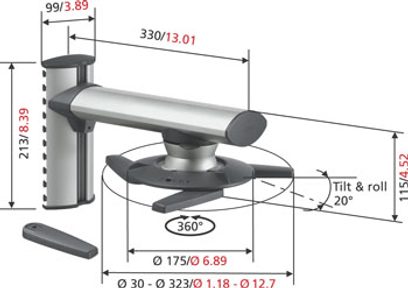 Loftmontering til videoprojektor Vogel's EPW 6565 i metalgrå, eksploderet visning med mål og rotationsvinkler