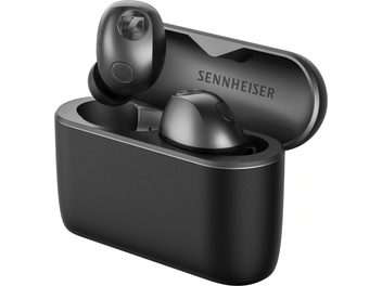 Svarta trådlösa Sennheiser Momentum True Wireless 5-hörlurar med öppet laddningsfodral