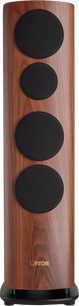 Altavoz de columna Canton Reference 7 en nogal visto de frente, panel frontal de madera de nogal con cuatro altavoces redondos negros