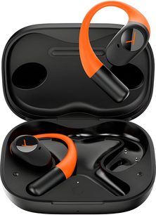 Beyerdynamic Amiron 200 sport øreclips-hovedtelefoner i sort og orange plast, åbent ladeetui, frontvisning