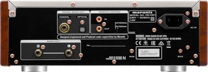Marantz HD-CD1 sort CD-afspiller, frontvisning, audio-stik og fjernbetjening på forsiden, klasse 1 laserprodukt