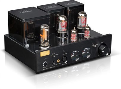 Cayin HA-3A headphone preamplifier in black brushed aluminum, three-quarter front view, three rectangular transformer covers at the back, six vertical vacuum tubes on top, front panel featuring a 6.35 mm jack, an XLR connector, two circular VU meters, and a large volume knob