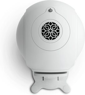Supporto per diffusore DEVIALET GECKO - Phantom II bianco, vista frontale, forma arrotondata, griglia circolare nera al centro