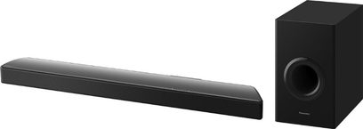 Panasonic SC-HTB510EGK sort soundbar, set forfra og fra siden, aflang rektangulær form med kubisk baskabinetboks