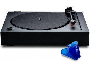 Černý vinylový gramofon s přenoskovým raménkem, červenou přenoskou Ortofon a modrým náhradním hrotem