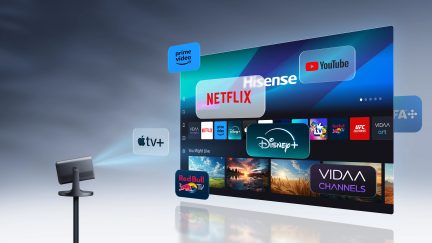 Black projector on a stand, virtual screen with streaming application logos, blue background, visible user interface