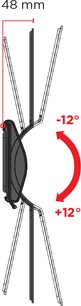 Sort vægmonteret TV-beslag, foldbare svingede arme, angivne dimensioner 48 mm bred, +/- 12° vertikal vipning
