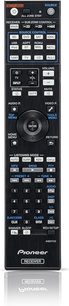 Sort Pioneer fjernbetjening med grå knapper, LCD-skærm, volumeknap og kontrolknapper til VSX-1130-K hjemmebiografsforstærker