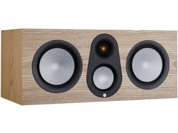 Monitor Audio Silver C250 7G askcenterhögtalare, 3 runda svarta högtalare på ljust träfärgad framsida, vy framifrån