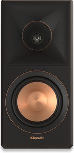Klipsch siyah hoparlör, ön görünüm. Mat dikdörtgen ön panelinde bakır çerçeveli dairesel tweeter ve woofer