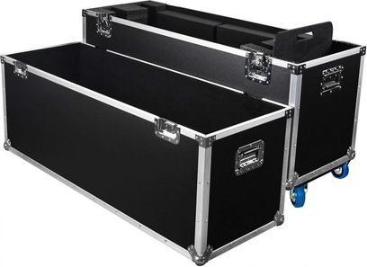 Flight-case Power Acoustics Flight pentru două ecrane 50 MK2 deschis, negru cu margini argintii și rotile albastre