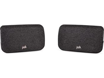 Duas caixas acústicas Polk SR2 pretas retangulares em tecido, vistas de frente, colocadas na horizontal, com o logotipo branco "polk" no centro