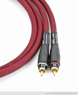 Câble audio RCA MPC Audio Equilibre 4 modulation 2 x 1m, rouge, connecteurs RCA dorés, gros plan, vue de face