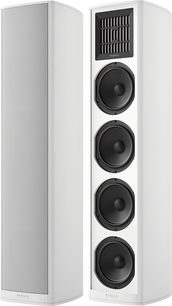Witte Piega COAX 811 zuilluidsprekers, front met zwarte coaxiale tweeter en drie grote woofers