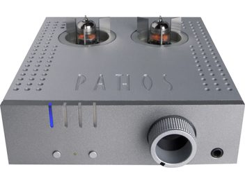 Pré-amplificador de auscultadores Pathos Aurium prata, caixa metálica retangular perfurada, 2 válvulas a vácuo, entradas jack no painel frontal