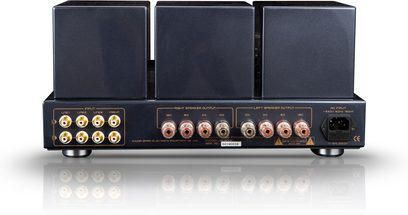 Zadní pohled na integrovaný stereofonní lampový zesilovač Cayin CS-300A v černé kovové barvě, tři horní obdélníkové kryty, pozlacené RCA konektory vlevo, středové svorky pro reproduktory a síťový konektor IEC vpravo.