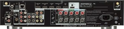 Marantz NR1509 sort hjemmebiografsforstærker, bagside, audio/video-tilslutninger, RCA-stik, HDMI, antenne, Ethernet, strømforsyning