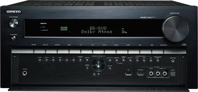 Onkyo TX-NR1030 sort hjemmebiograf-forstærker, frontpanel, frontvisning, display "BD/DVD Dolby Atmos"