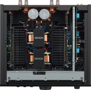 Integrovaný stereo hi-fi zesilovač Denon PMA-3000NE, vnitřní pohled, elektronické součástky, tištěné spoje, barevné zapojení