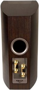 Klipsch P-17B bogreolhøjttaler i espressofarve, set forfra, mørkt træ, sort diskant, to gyldne højttalere