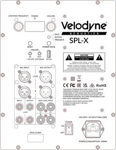 Velodyne SPL-X subwoofer, sort bagpanel med volumenregulering, lavpasfilter og flere lydindgange