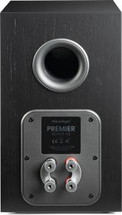 Altavoz de estantería Paradigm Premier 120B v2 negro, vista trasera con puerto circular y dobles bornes de conexión
