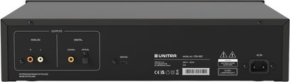 CD-afspiller Unitra CSH-801 sort, metalhus, bagside med RCA L/R-udgange, koaksial og optisk, USB-C serviceport, IEC-stik