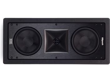 Caixa de embutir na parede Klipsch THX-502-L preta, 2 woofers redondos, tweeter quadrado, logo metálico central