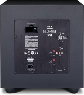 Paradigm Defiance V12 sort satineret subwoofer, set forfra, med stik og justeringer synlige på bagpanelet
