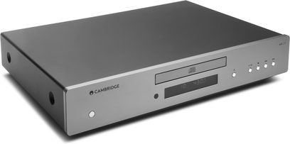 Cambridge Audio AX-C25 silver CD player, front view, front panel with display, buttons, and CD tray