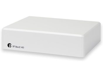 BT Box E HD wireless transmitter, white rectangular casing with rounded corners, black logo and text on the front, shown in perspective view
