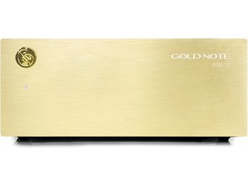 Obdĺžniková skrinka Gold Note PSU-10 gold zo zlatého brúseného hliníka, okrúhle logo vľavo hore, pohľad spredu