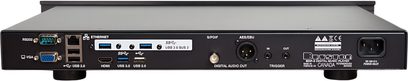 Player audio de rețea Bryston BDP-3 negru, vedere din spate cu porturi USB, HDMI, Ethernet, audio digital și priză de alimentare electrică