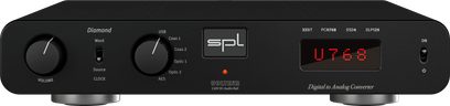 Préamplificateur stéréo Diamond noir avec façade noire, 2 boutons circulaires, écran numérique rouge, interrupteur et pieds argentés