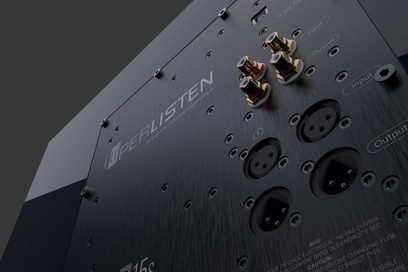 Subwoofer Perlisten D15s v černé barvě, pohled ze šikmého úhlu, pozlacené konektory, XLR výstupy, texturovaný povrch, viditelné nápisy