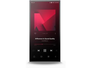 Audiophile přehrávač Astell&Kern PD10 černý, pohled zepředu, s velkým dotykovým displejem zobrazujícím červený audio přehrávač