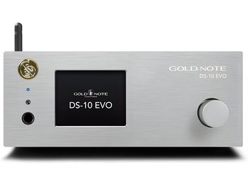 Gold Note DS-10 EVO ezüst hálózati lejátszó, középen kijelzővel és jobb oldalon nagy tekerőgombbal, szálcsiszolt alumínium előlap