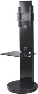 Gisan FS120 sort audio-/videomøbel, set forfra, med sort glashylde, lodret søjle og sort metalhylde