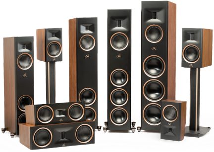 Black speaker set with wooden edges, including vertical, horizontal, and floor-standing models