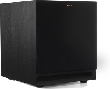 Klipsch SPL-100 subwoofer, set fra en vinkel, sort tekstureret kabinet, sort frontgitter, gyldent logo øverst, bass-reflex port nederst